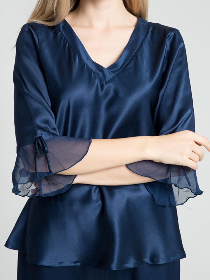 19 Momme Luxurious Long Silk Pajamas Set with Ruffled Sleeves