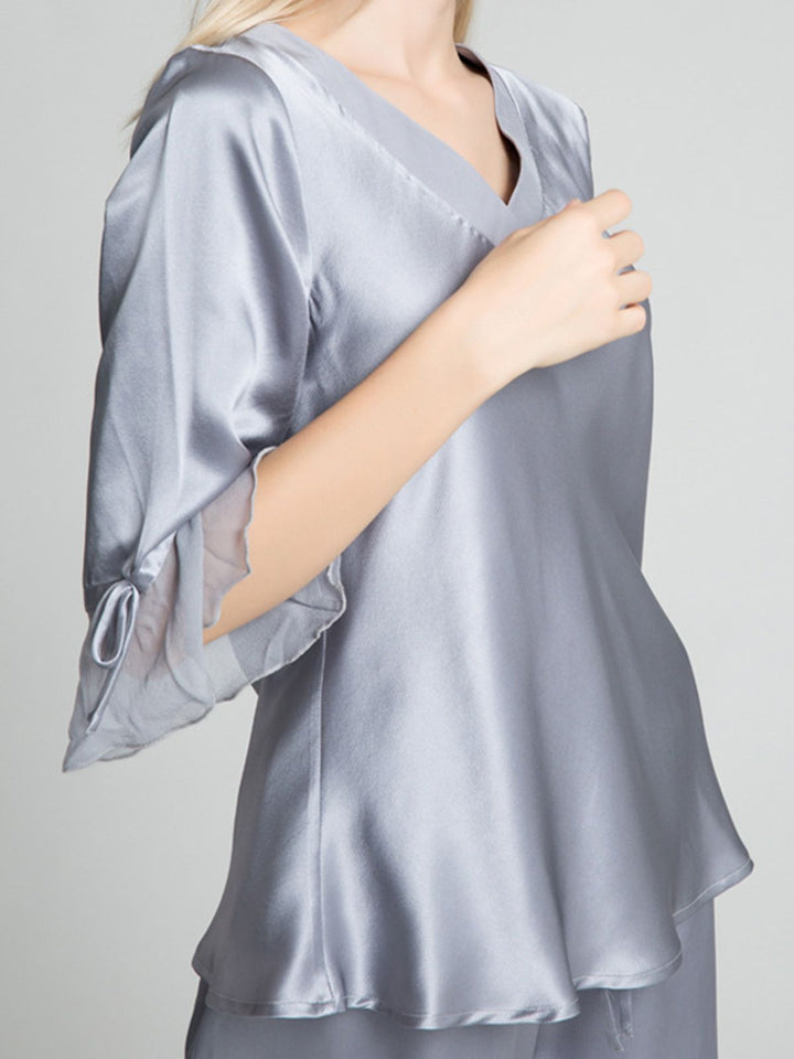19 Momme Luxurious Long Silk Pajamas Set with Ruffled Sleeves