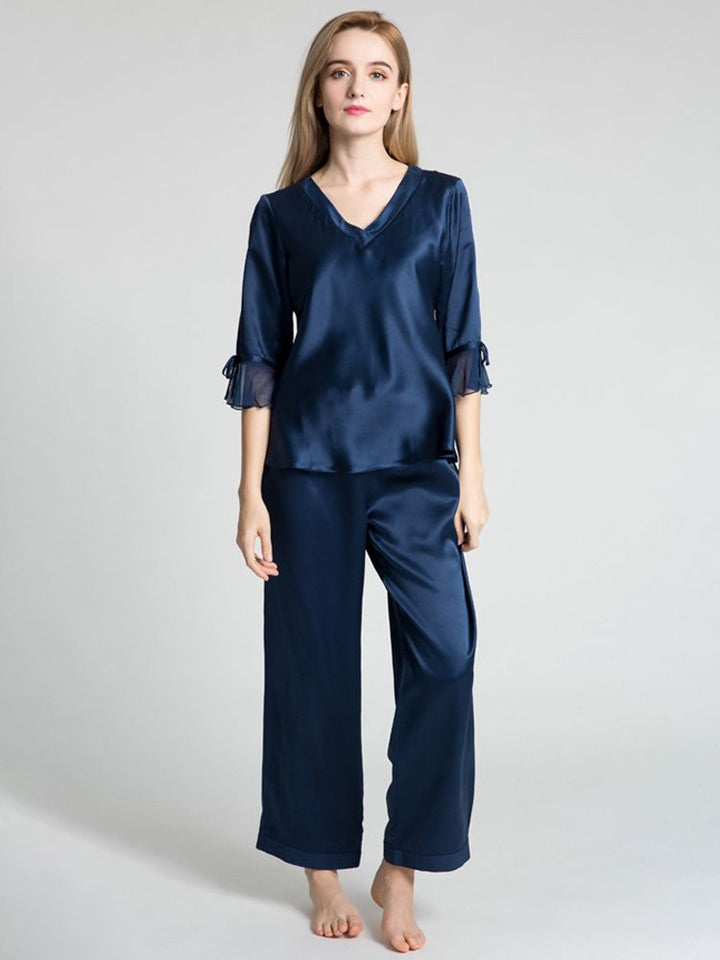 19 Momme Luxurious Long Silk Pajamas Set with Ruffled Sleeves