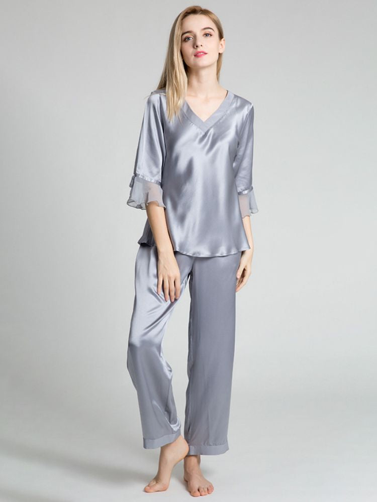 19 Momme Luxurious Long Silk Pajamas Set with Ruffled Sleeves