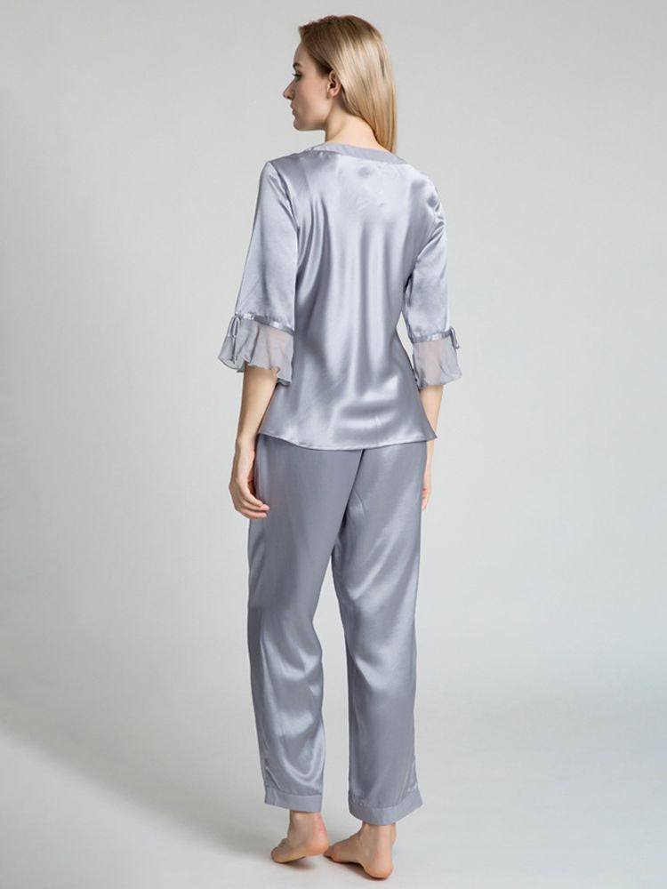 19 Momme Luxurious Long Silk Pajamas Set with Ruffled Sleeves
