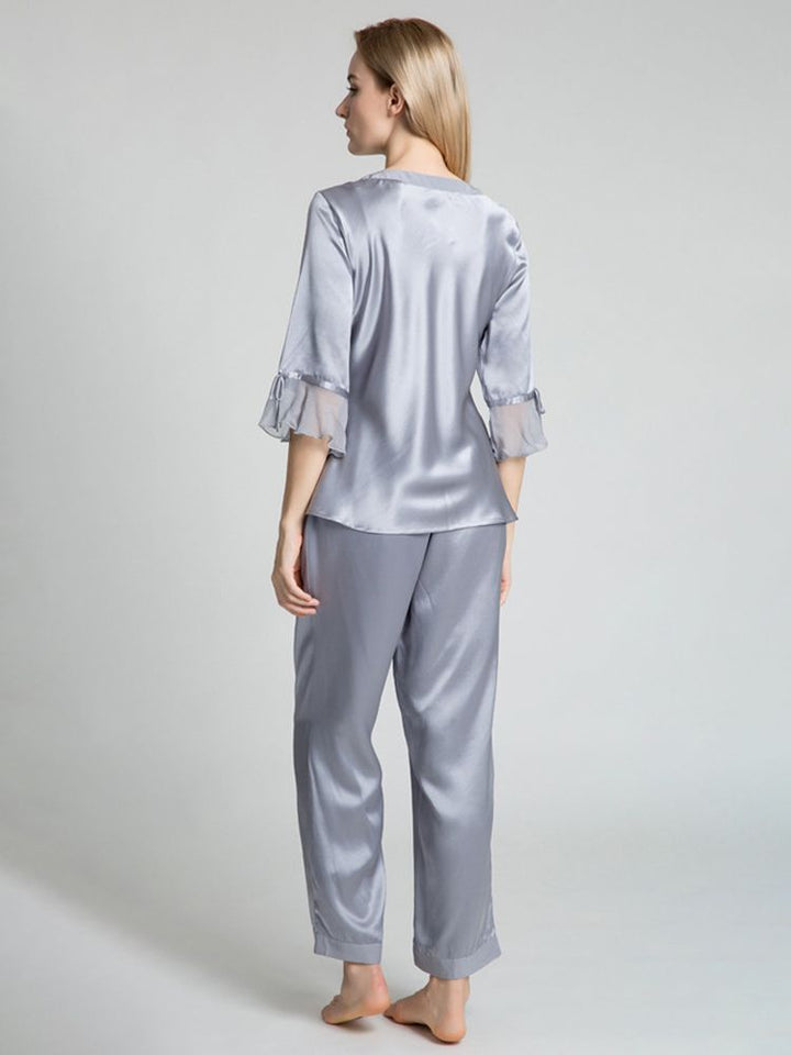 19 Momme Luxurious Long Silk Pajamas Set with Ruffled Sleeves