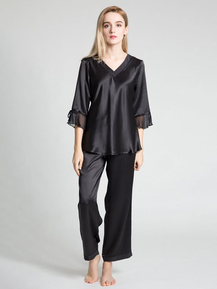 19 Momme Luxurious Long Silk Pajamas Set with Ruffled Sleeves