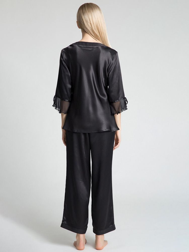 19 Momme Luxurious Long Silk Pajamas Set with Ruffled Sleeves