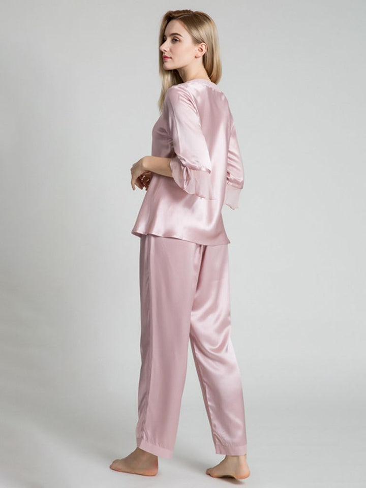 19 Momme Luxurious Long Silk Pajamas Set with Ruffled Sleeves
