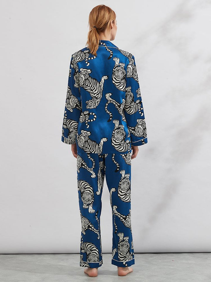 19 Momme Luxury 100% Silk Blue Long Sleeve Pajama Set with Tiger Prints