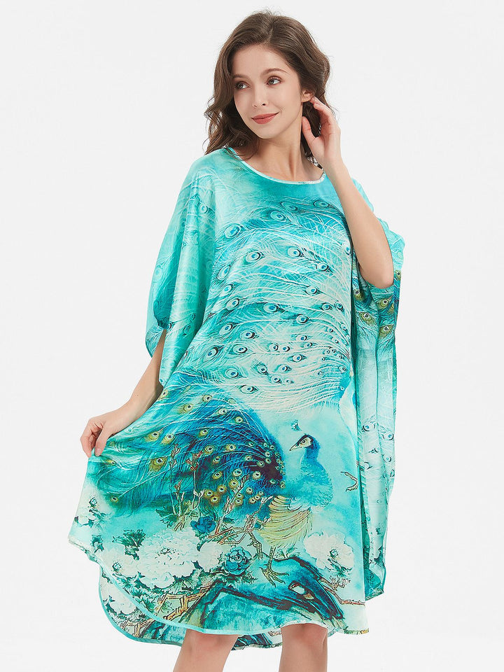 19 Momme Pale Turquoise Peacock Printed Silk Kaftan Batwing-sleeve Nightgown