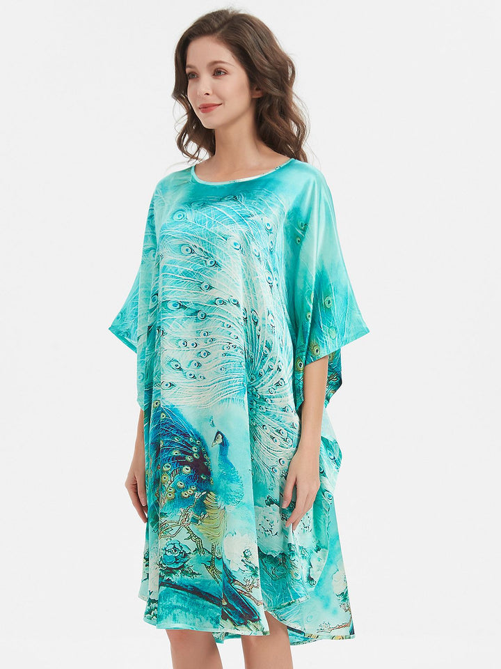 19 Momme Pale Turquoise Peacock Printed Silk Kaftan Batwing-sleeve Nightgown