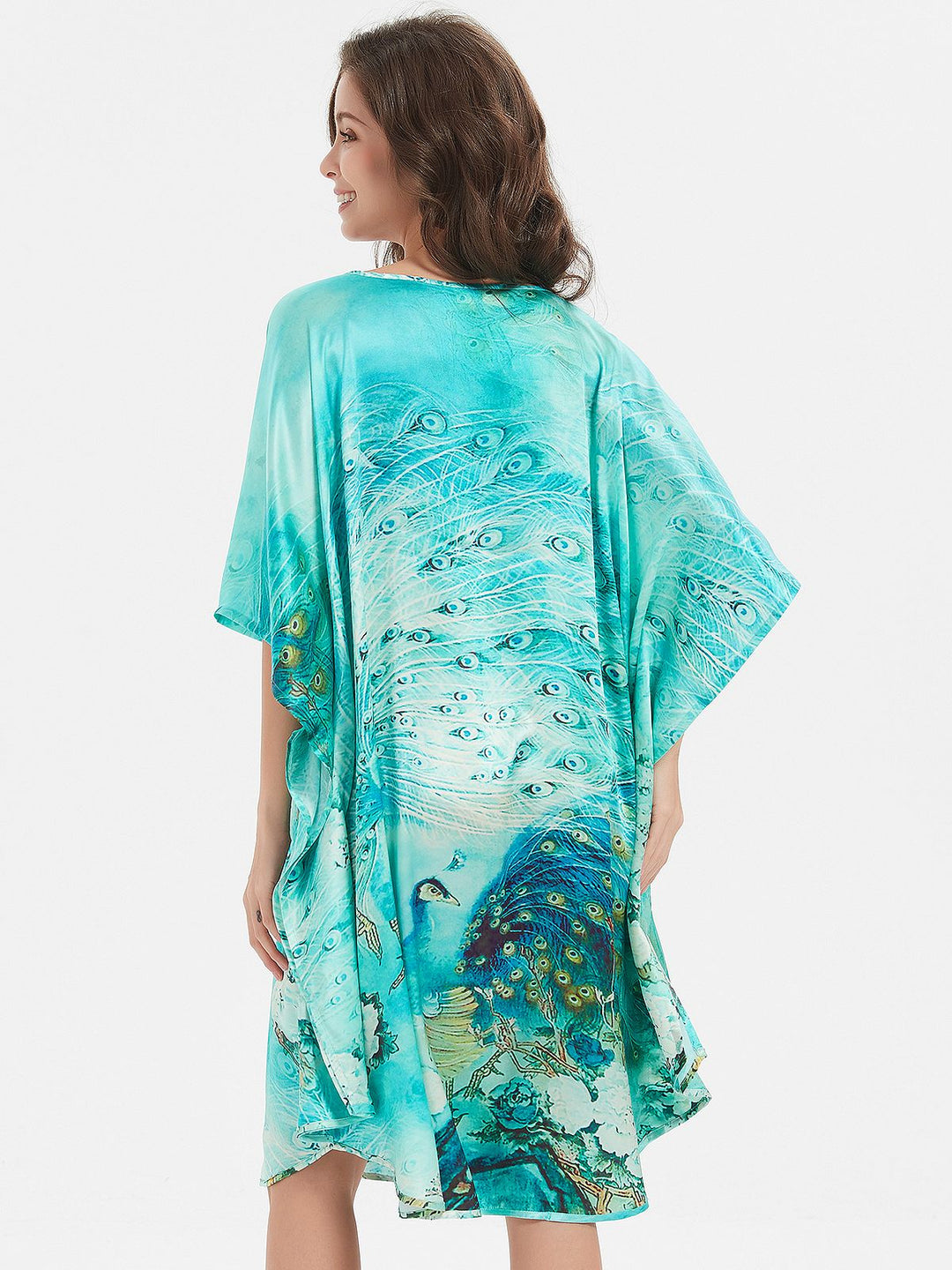 19 Momme Pale Turquoise Peacock Printed Silk Kaftan Batwing-sleeve Nightgown