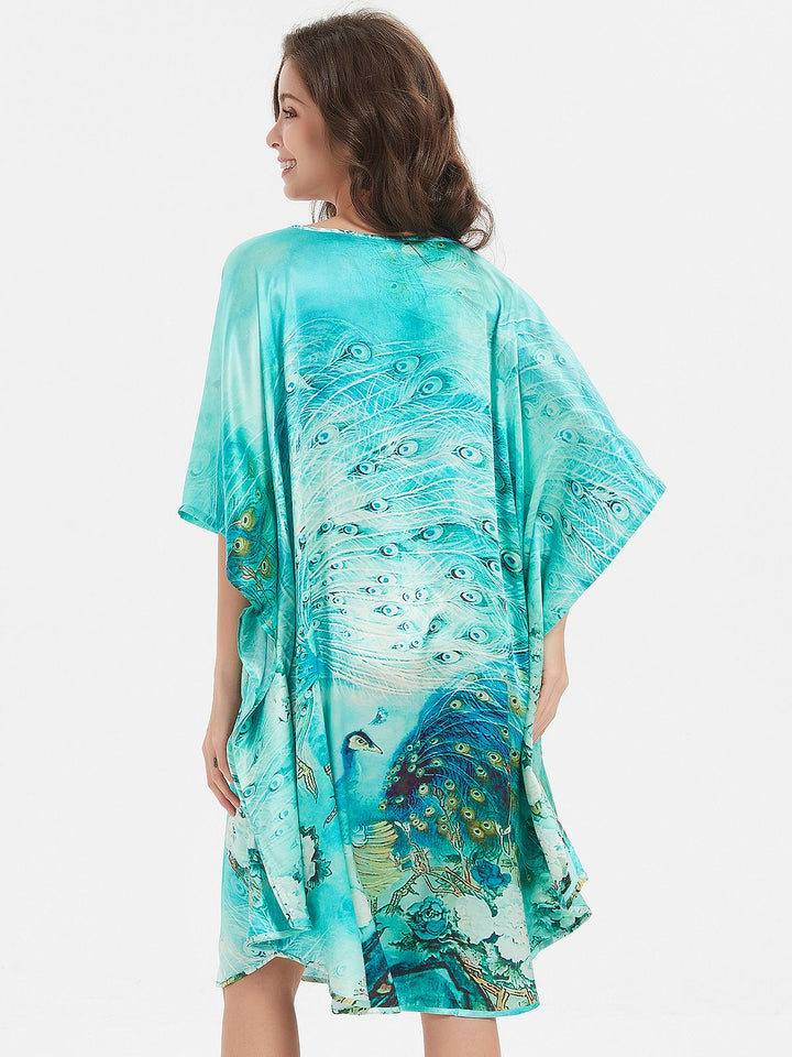 19 Momme Pale Turquoise Peacock Printed Silk Kaftan Batwing-sleeve Nightgown