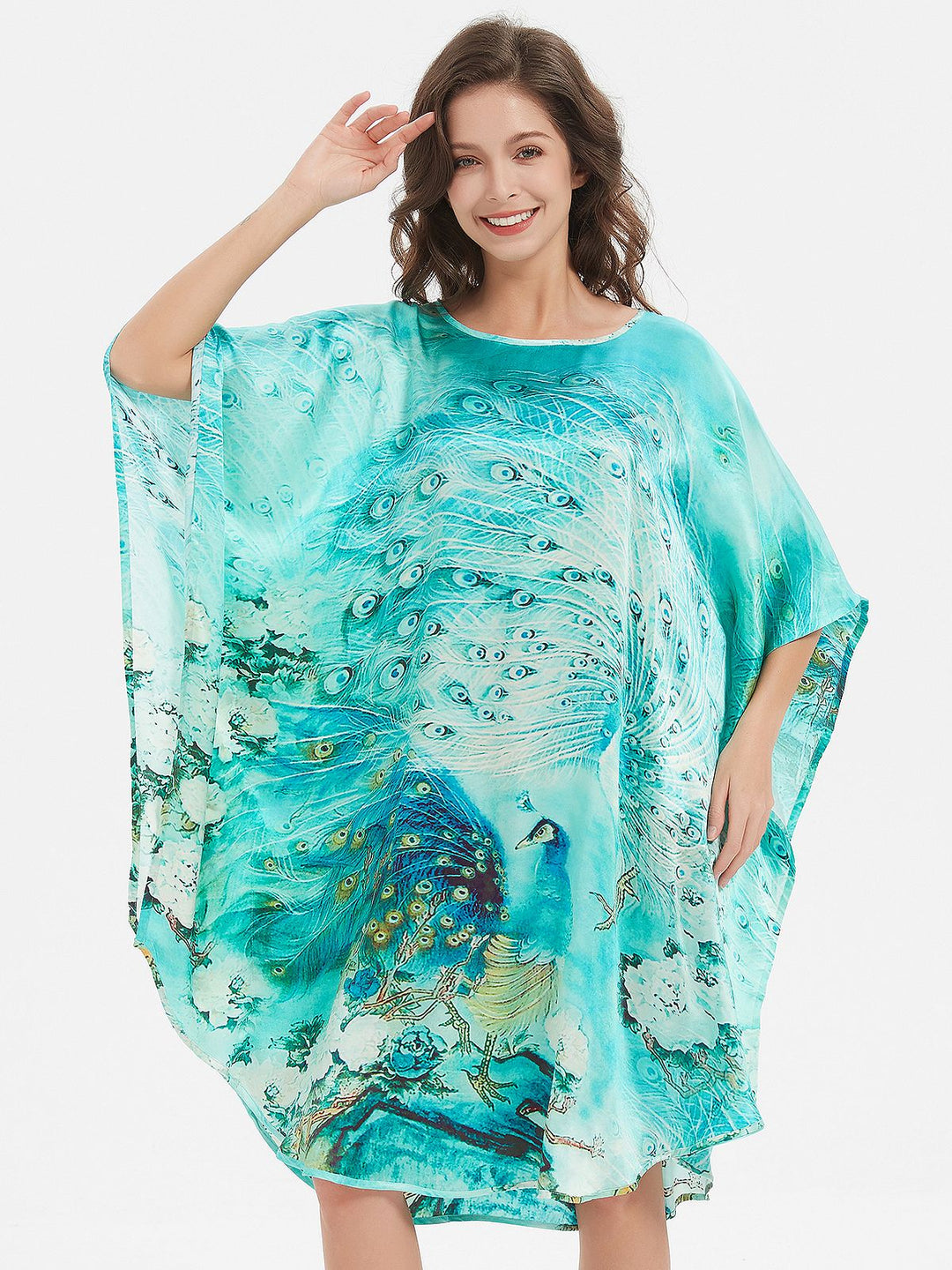 19 Momme Pale Turquoise Peacock Printed Silk Kaftan Batwing-sleeve Nightgown