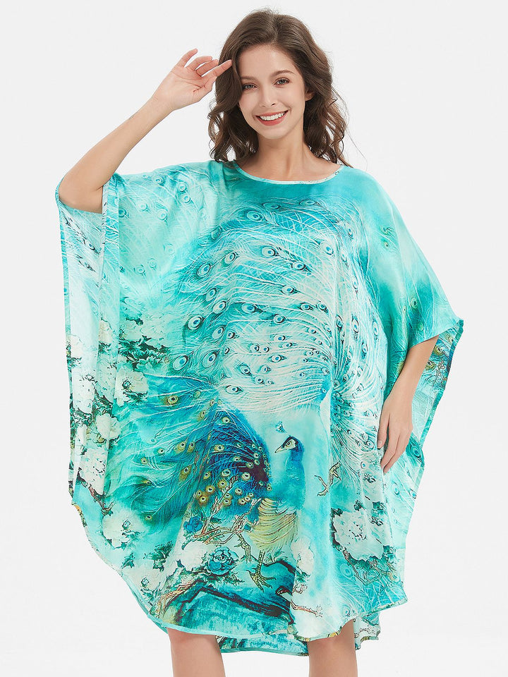 19 Momme Pale Turquoise Peacock Printed Silk Kaftan Batwing-sleeve Nightgown