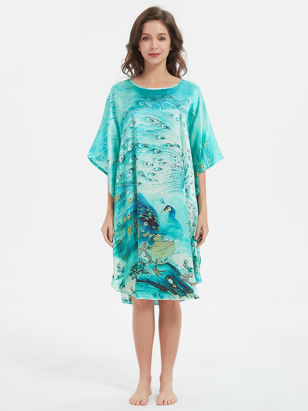 19 Momme Pale Turquoise Peacock Printed Silk Kaftan Batwing-sleeve Nightgown