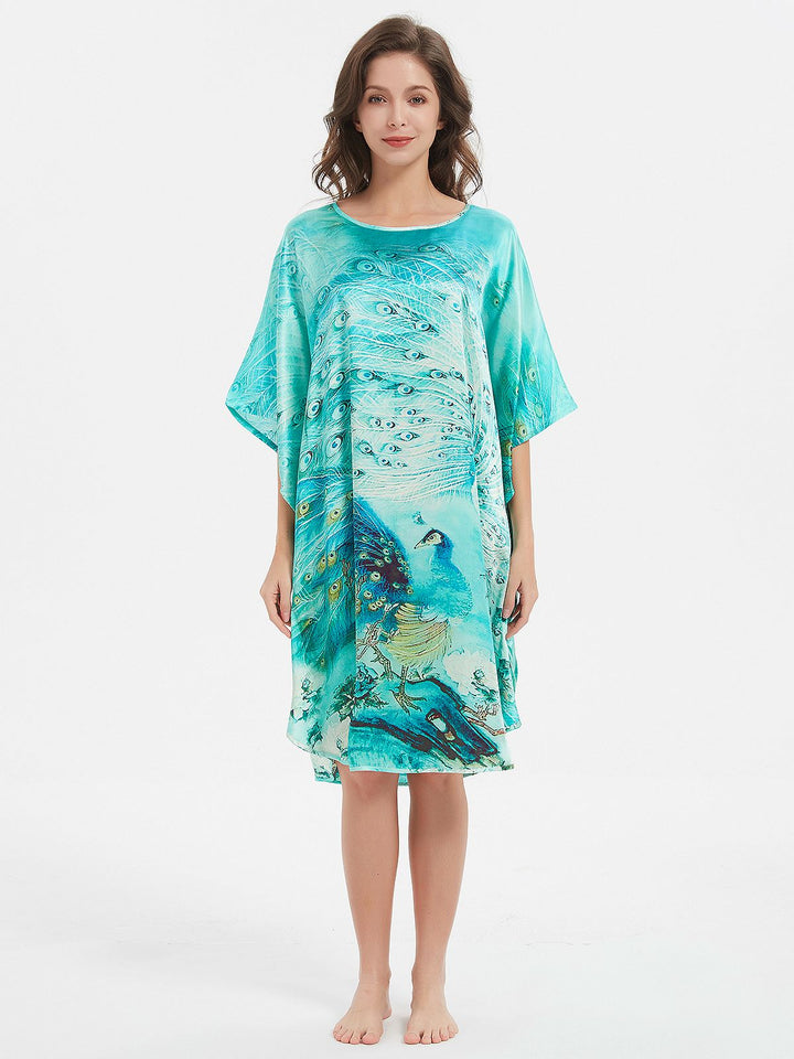 19 Momme Pale Turquoise Peacock Printed Silk Kaftan Batwing-sleeve Nightgown