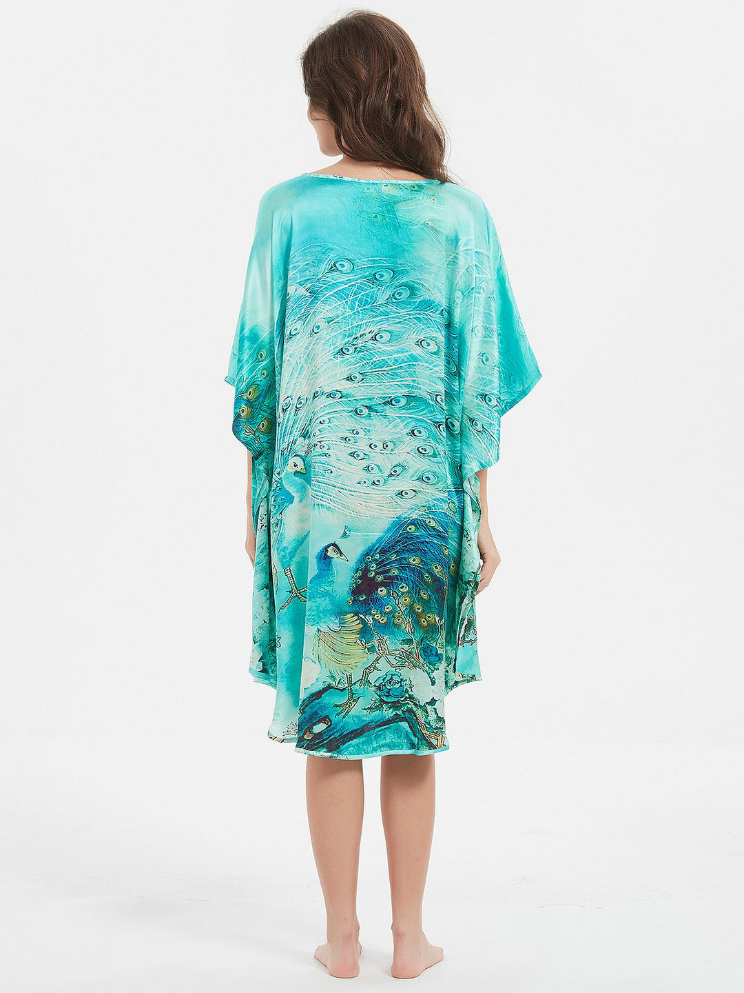19 Momme Pale Turquoise Peacock Printed Silk Kaftan Batwing-sleeve Nightgown