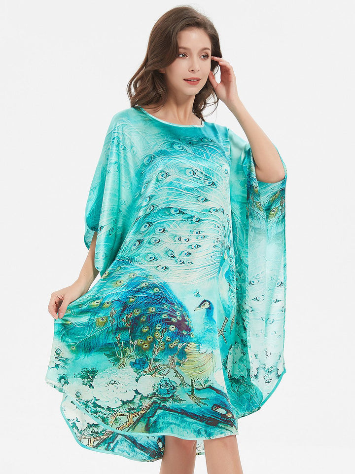 19 Momme Pale Turquoise Peacock Printed Silk Kaftan Batwing-sleeve Nightgown