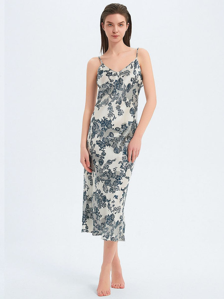 19 Momme Romantic Blue Floral Print Bias-cut Long Silk Nightgown