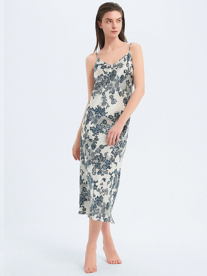 19 Momme Romantic Blue Floral Print Bias-cut Long Silk Nightgown
