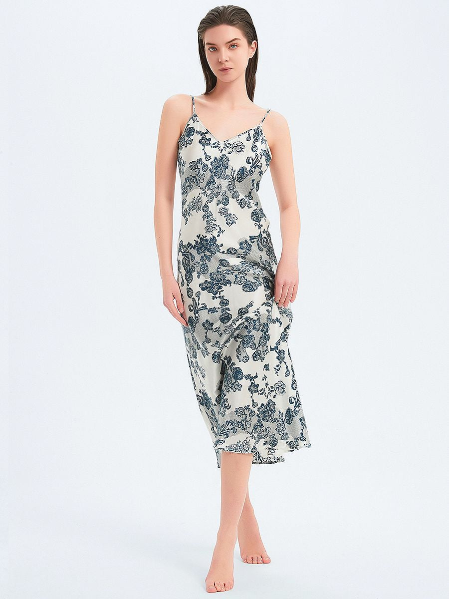 19 Momme Romantic Blue Floral Print Bias-cut Long Silk Nightgown