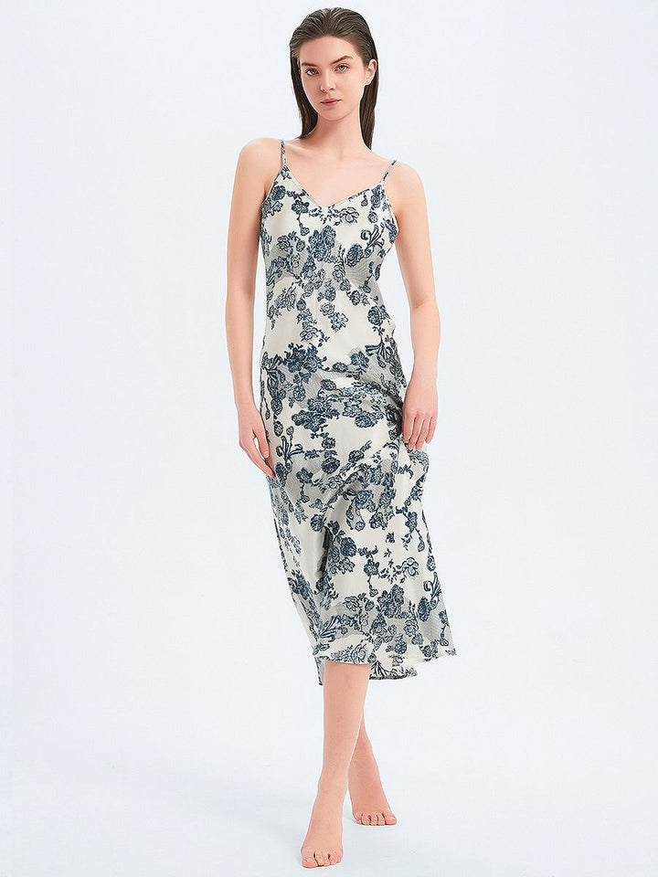 19 Momme Romantic Blue Floral Print Bias-cut Long Silk Nightgown