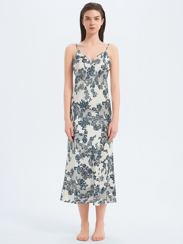 19 Momme Romantic Blue Floral Print Bias-cut Long Silk Nightgown