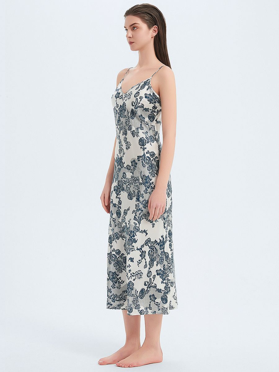 19 Momme Romantic Blue Floral Print Bias-cut Long Silk Nightgown