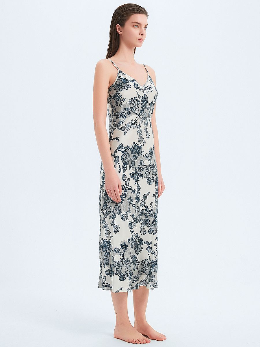 19 Momme Romantic Blue Floral Print Bias-cut Long Silk Nightgown