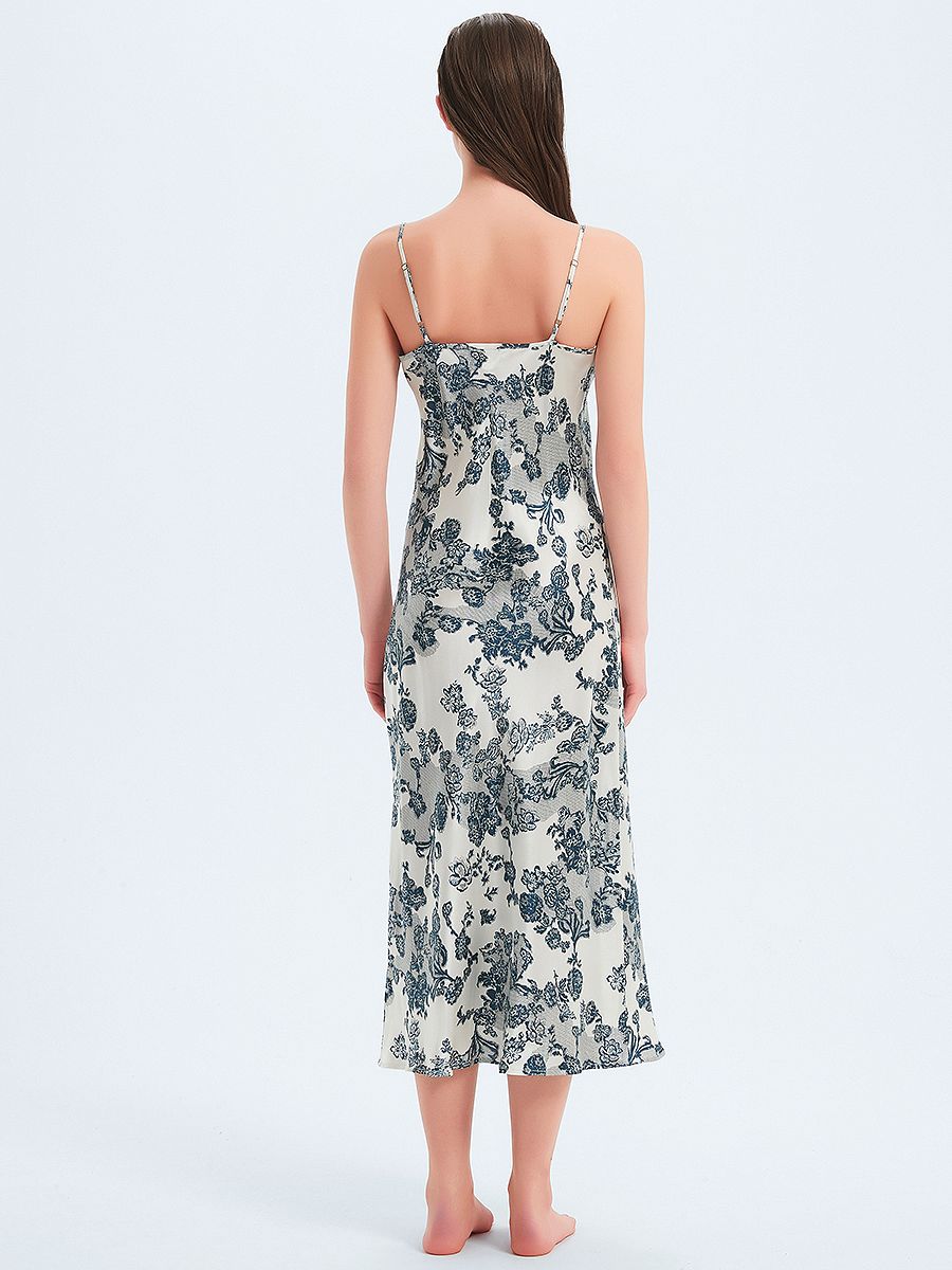 19 Momme Romantic Blue Floral Print Bias-cut Long Silk Nightgown