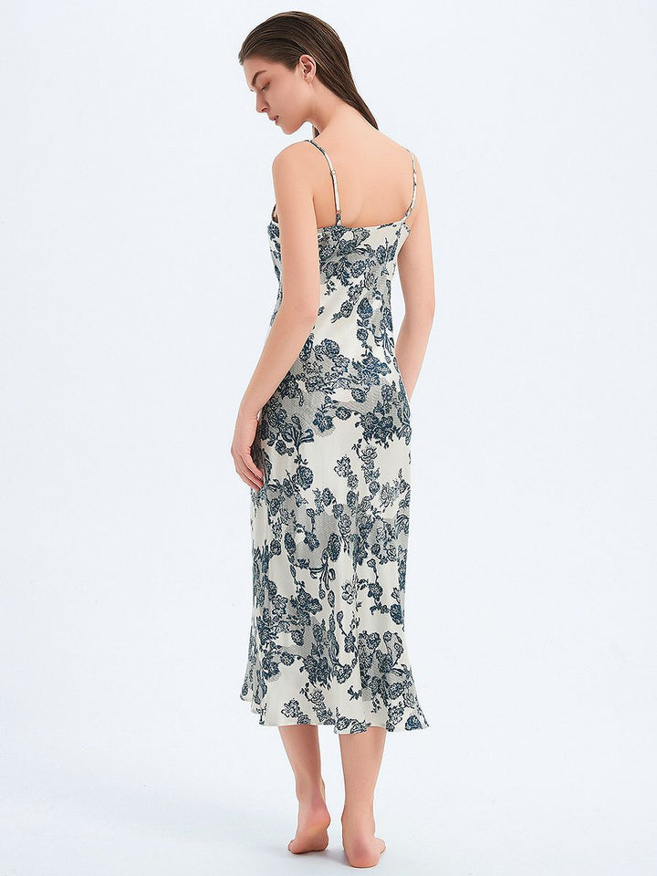 19 Momme Romantic Blue Floral Print Bias-cut Long Silk Nightgown