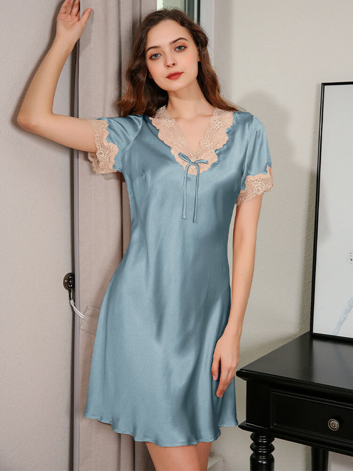 19 Momme Romantic Flared V-neck Silk Nightdress with Lace Trim