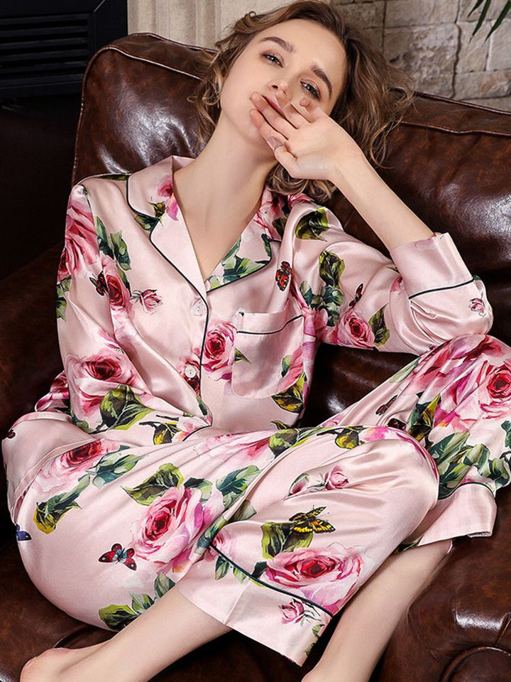 19 Momme Roses Floral Printed Long 100% Silk Pajama Set for Women