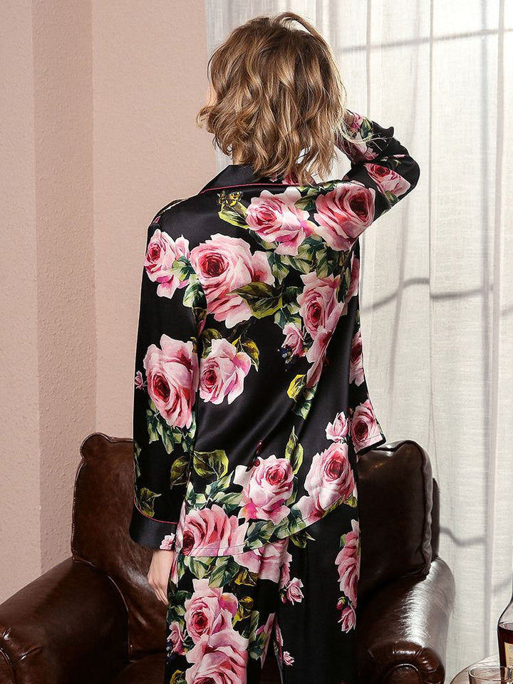 19 Momme Roses Floral Printed Long 100% Silk Pajama Set for Women