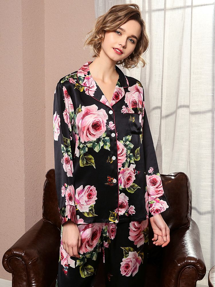 19 Momme Roses Floral Printed Long 100% Silk Pajama Set for Women