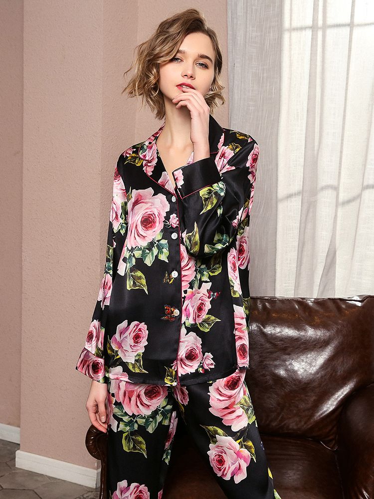 19 Momme Roses Floral Printed Long 100% Silk Pajama Set for Women