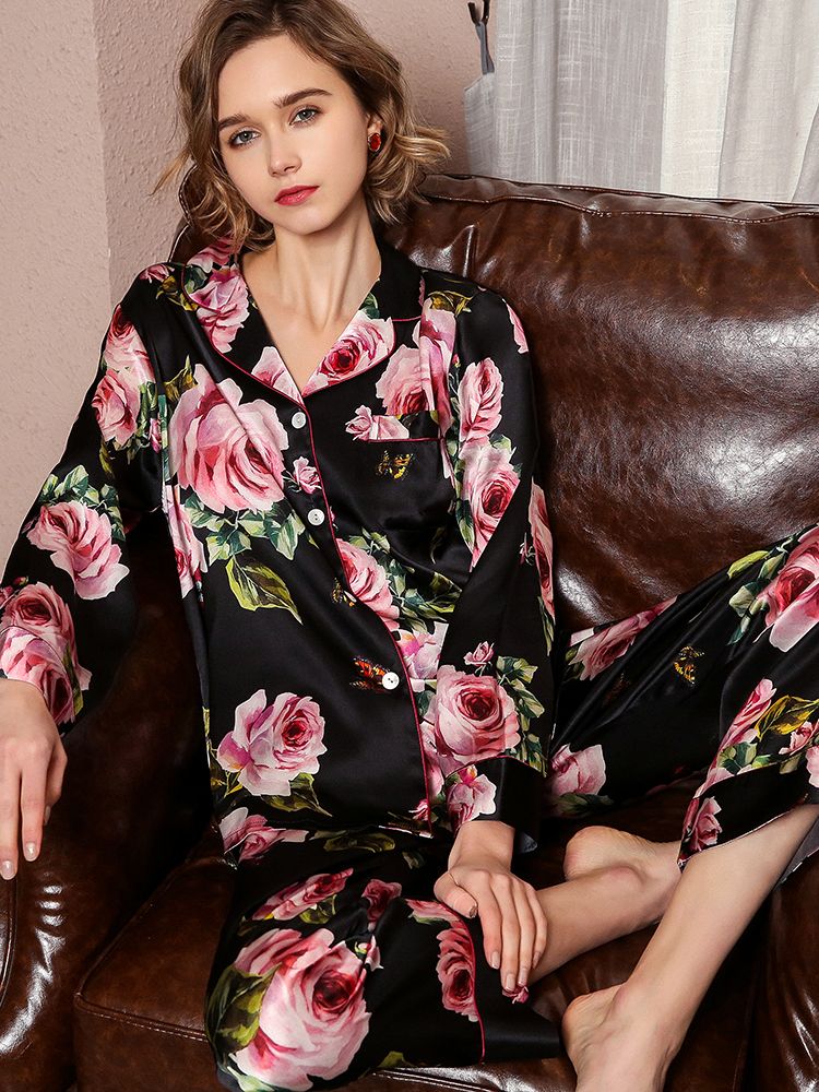 19 Momme Roses Floral Printed Long 100% Silk Pajama Set for Women