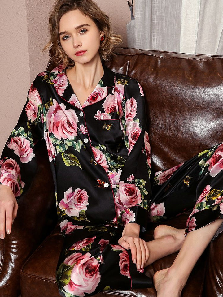 19 Momme Roses Floral Printed Long 100% Silk Pajama Set for Women