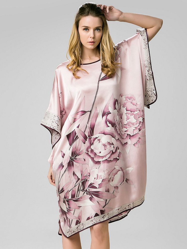 19 Momme Rosy Pink Floral Silk Kaftan Nightgown with Purple Silk Piping