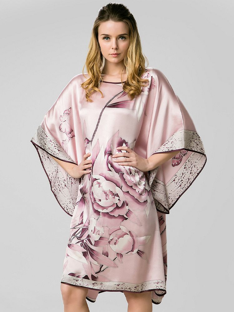19 Momme Rosy Pink Floral Silk Kaftan Nightgown with Purple Silk Piping