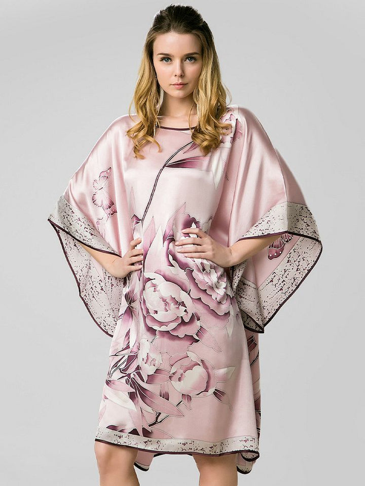 19 Momme Rosy Pink Floral Silk Kaftan Nightgown with Purple Silk Piping