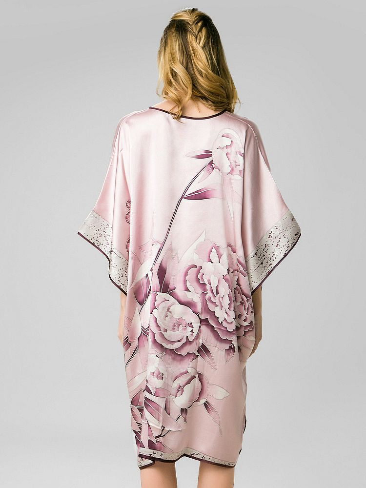 19 Momme Rosy Pink Floral Silk Kaftan Nightgown with Purple Silk Piping
