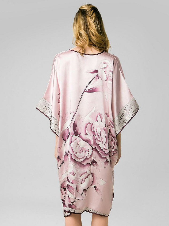 19 Momme Rosy Pink Floral Silk Kaftan Nightgown with Purple Silk Piping