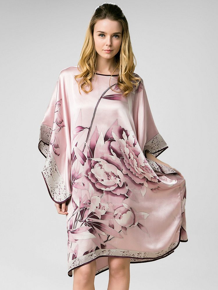 19 Momme Rosy Pink Floral Silk Kaftan Nightgown with Purple Silk Piping