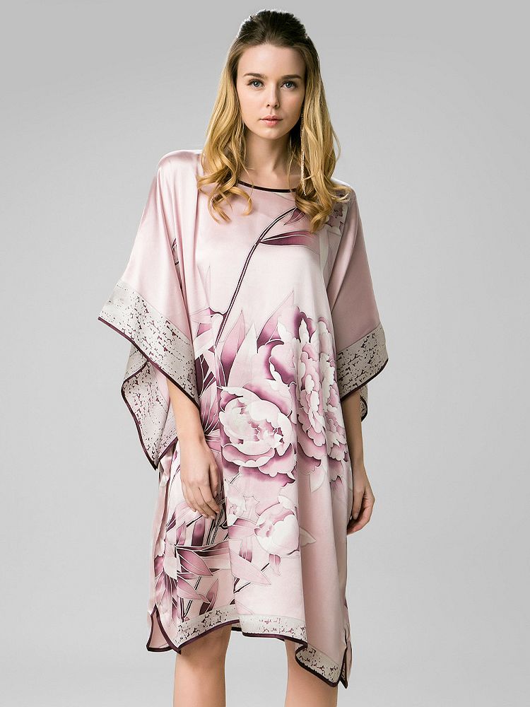 19 Momme Rosy Pink Floral Silk Kaftan Nightgown with Purple Silk Piping