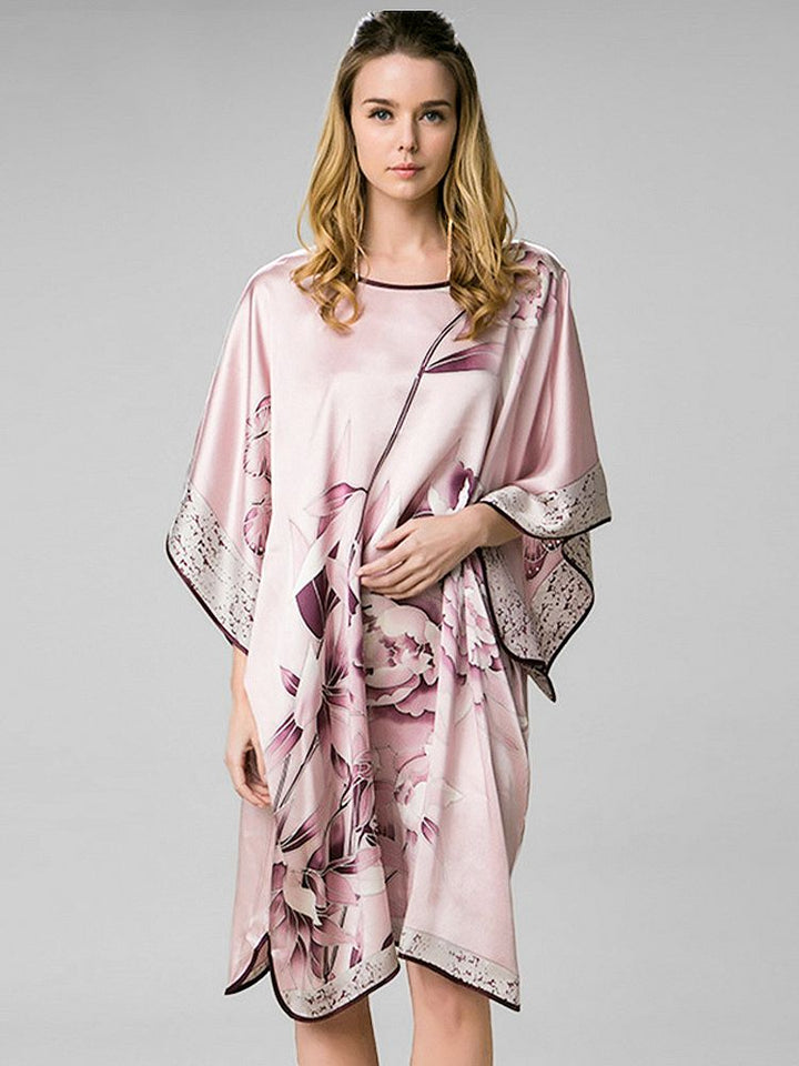 19 Momme Rosy Pink Floral Silk Kaftan Nightgown with Purple Silk Piping