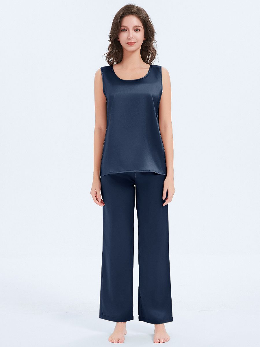 19 Momme Round Neck Silk Tank Top and Pajama Pants Set for Women