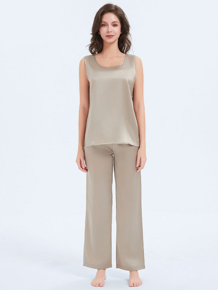 19 Momme Round Neck Silk Tank Top and Pajama Pants Set for Women