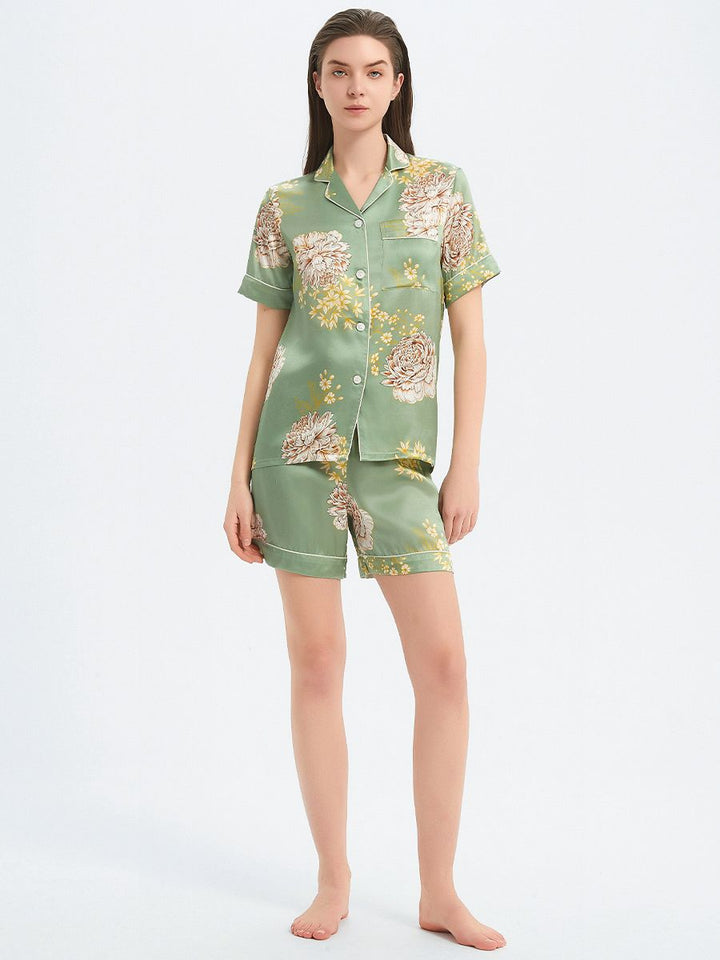 19 Momme Sage Green Floral Print Short Sleeve Silk Pajama Set