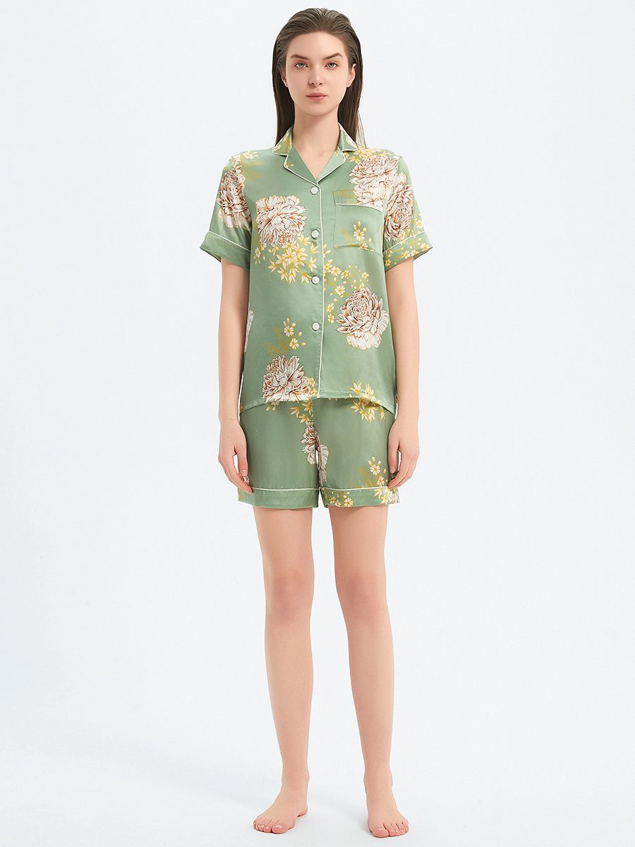 19 Momme Sage Green Floral Print Short Sleeve Silk Pajama Set