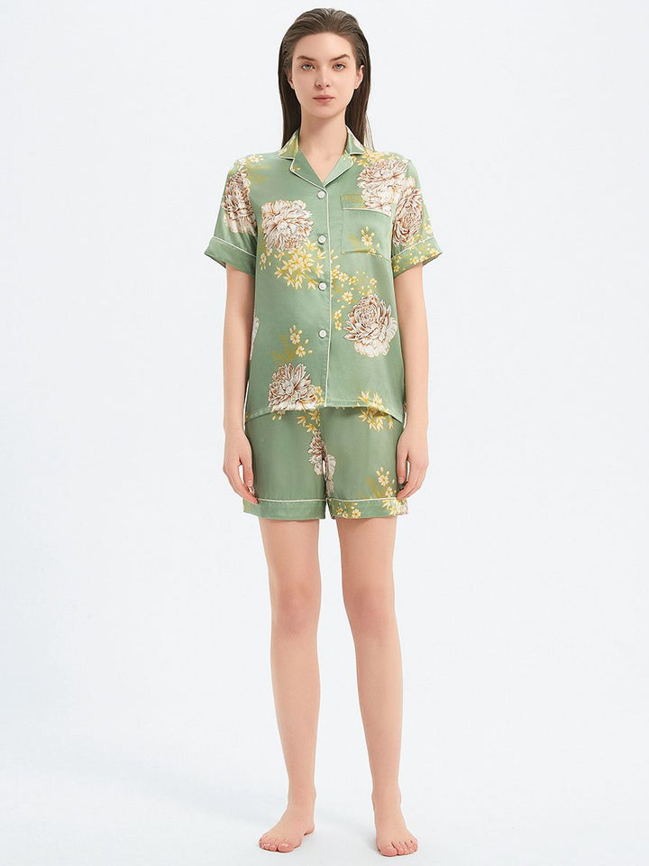 19 Momme Sage Green Floral Print Short Sleeve Silk Pajama Set