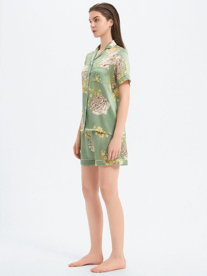 19 Momme Sage Green Floral Print Short Sleeve Silk Pajama Set